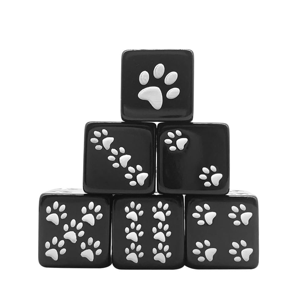 10PCS/Set 16MM Resin D6 Dice with Paw Print Pattern, White and Black Gaming Dice Set for DND RPG Games (HSD353)