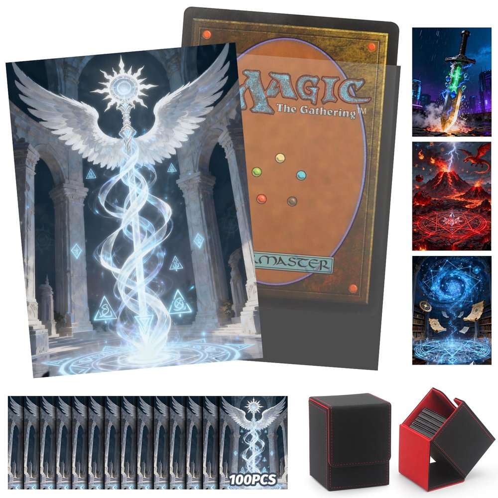 100 MTG Card Sleeves and Commander Deck Box Set, Clear Front & Matte Art Back, Smooth-Shuffle, Magnetic Box Fits 100+ Single-Sleeved Cards Protector for Magic The Gathering TCG (Angelic Sceptre)