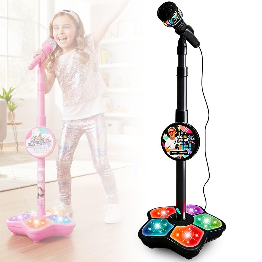 Microphone with Stand, 2026 New All in One Microphone Toy, Colorful Lights with Adjustable Height for Birthday Parties Singing (Black)