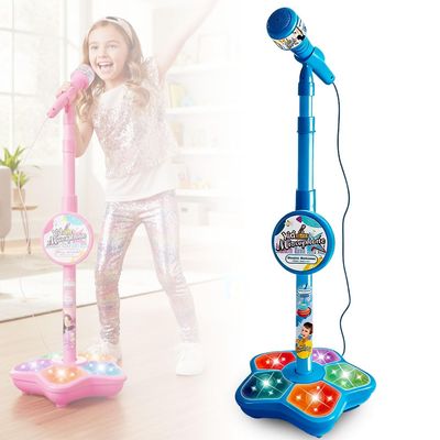 Microphone with Stand, 2026 New All in One Microphone Toy, Colorful Lights with Adjustable Height for Birthday Parties Singing (Blue)