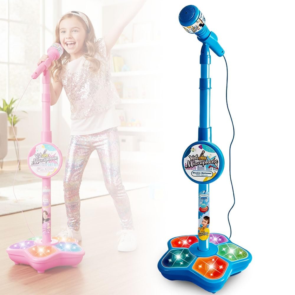 Microphone with Stand, 2026 New All in One Microphone Toy, Colorful Lights with Adjustable Height for Birthday Parties Singing (Blue)