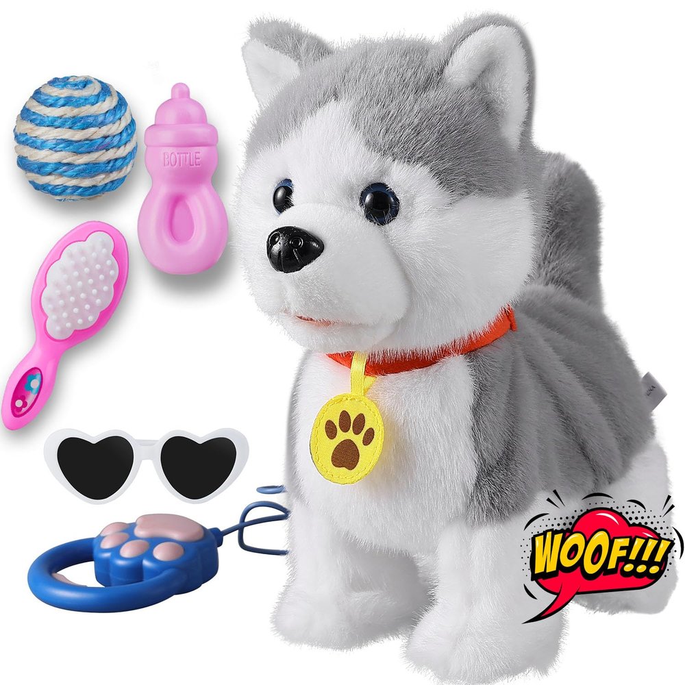 HCdoujoy Walking Barking Singing Husky Puppy Toy, Repeats What You Say, Realistic Licking Tongue Wagging Tail Mechanical Dog with Touch or Voice Control, Interactive Music Dancing Plush Pet for Kids