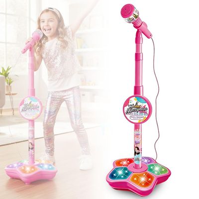 Microphone with Stand, 2026 New All in One Microphone Toy, Colorful Lights with Adjustable Height for Birthday Parties Singing (Pink)