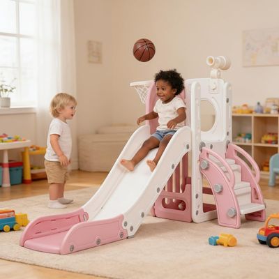 6 in 1 Toddler Slide, Indoor Outdoor Slide for Toddlers 1-3 with Basketball Hoop, Telescope, Storage Space and Non-Slip Steps (Pink)