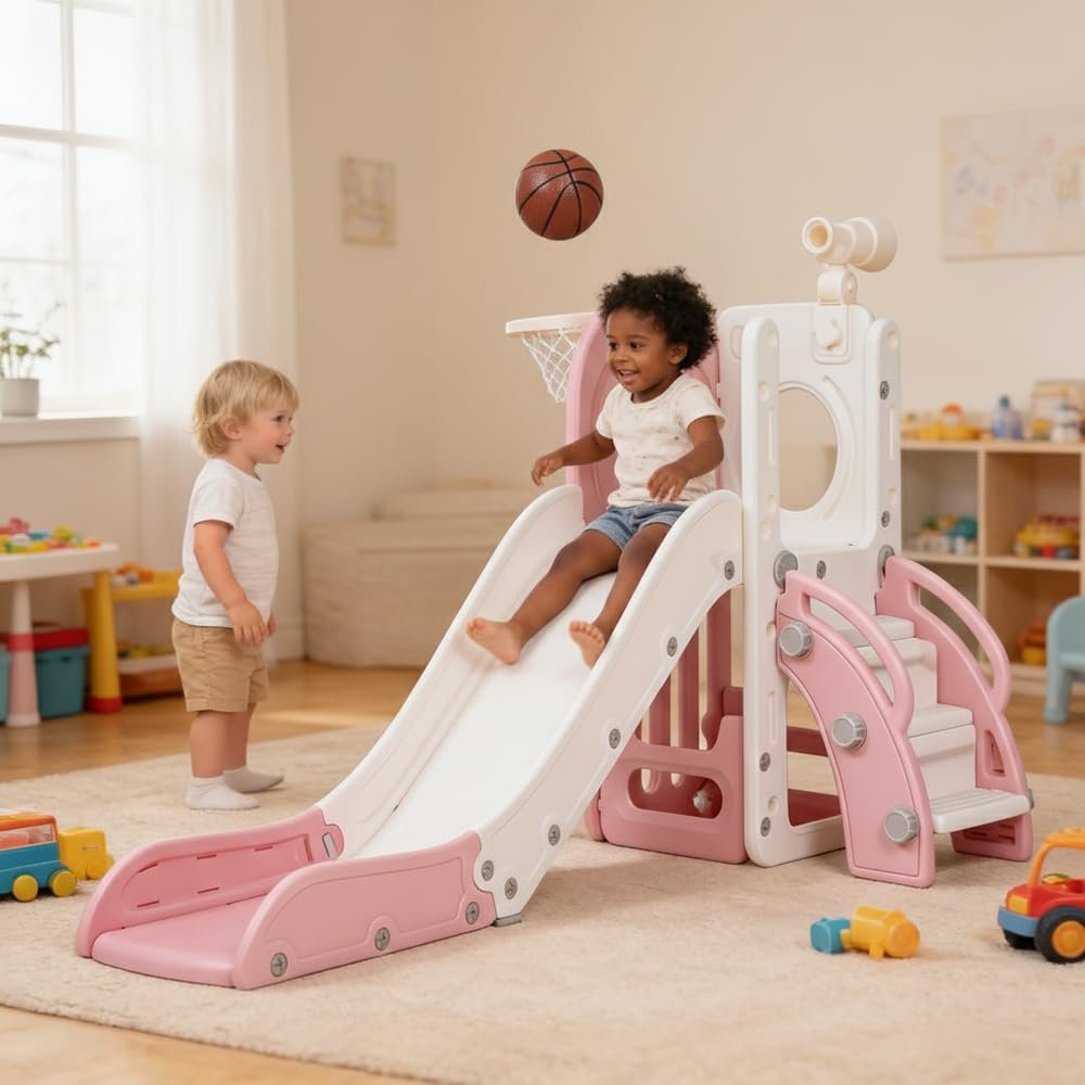 6 in 1 Toddler Slide, Indoor Outdoor Slide for Toddlers 1-3 with Basketball Hoop, Telescope, Storage Space and Non-Slip Steps (Pink)