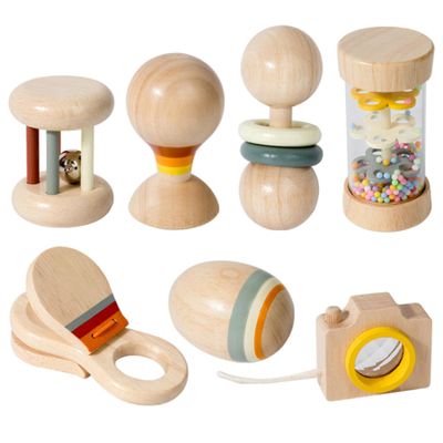 DAGLLGEW 7Pcs/Set Wooden Baby Rattle Organic Natural Baby Rattle with Rainstick, Hand Bell, Sand Ball, and More, Montessori Wooden for Boys & Girls Birthday Toys for Babies 0-6 Months