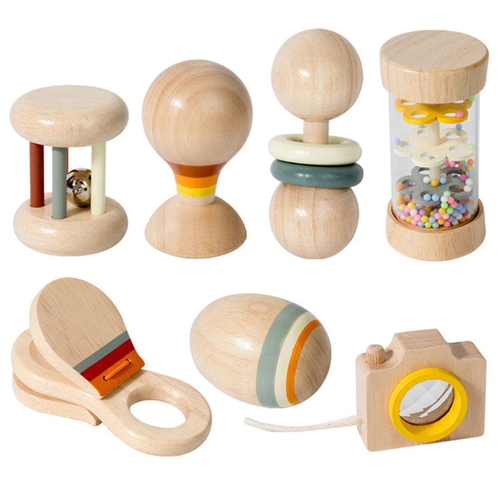 DAGLLGEW 7Pcs/Set Wooden Baby Rattle Organic Natural Baby Rattle with Rainstick, Hand Bell, Sand Ball, and More, Montessori Wooden for Boys & Girls Birthday Toys for Babies 0-6 Months