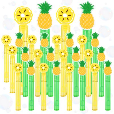 JarThenaAMCS 24 Pcs Pineapple Bubble Wands Yellow Green Fruit Mini Bubble Wands Bulk Gifts for Summer Hawaiian Tropical Theme Birthday Wedding Pool Party Favors Classroom Prizes Supplies