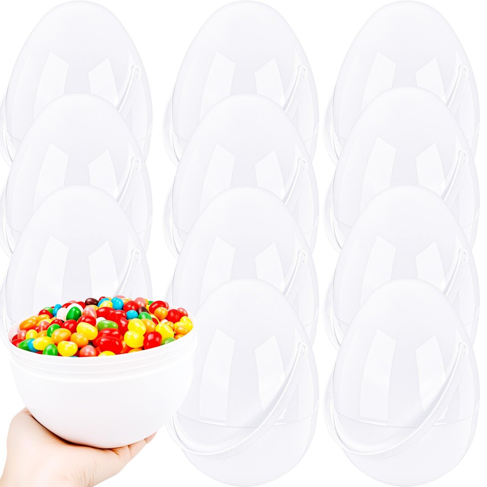 Haconba 12 Pack 8 Inch Jumbo White Easter Eggs with Handle Giant Plastic Fillable Blank Eggs for DIY Craft Basket Stuffers Hunt Game Easter Party Favors