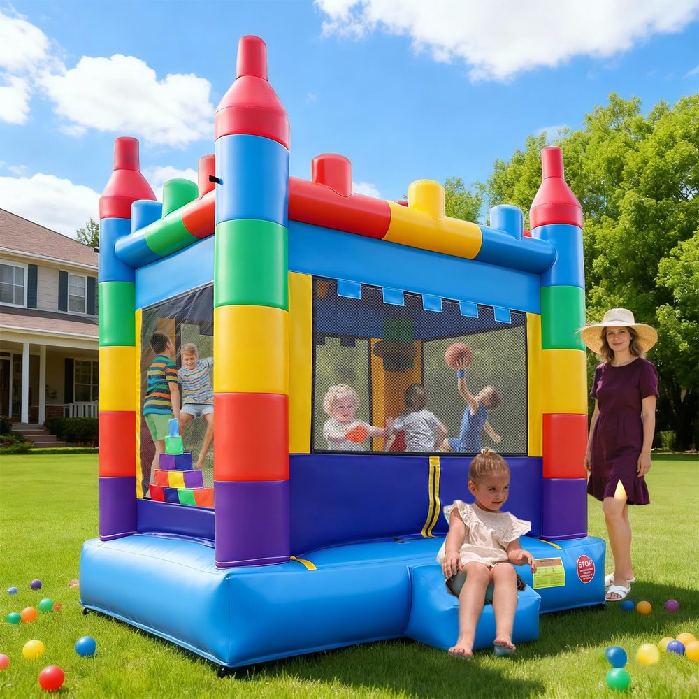 14FT Bounce House - 100% PVC Inflatable Castle for Kids, Easy Setup Outdoor Bouncy House for Parties, Holidays, and Yard Fun (Cube, 13.5FT)