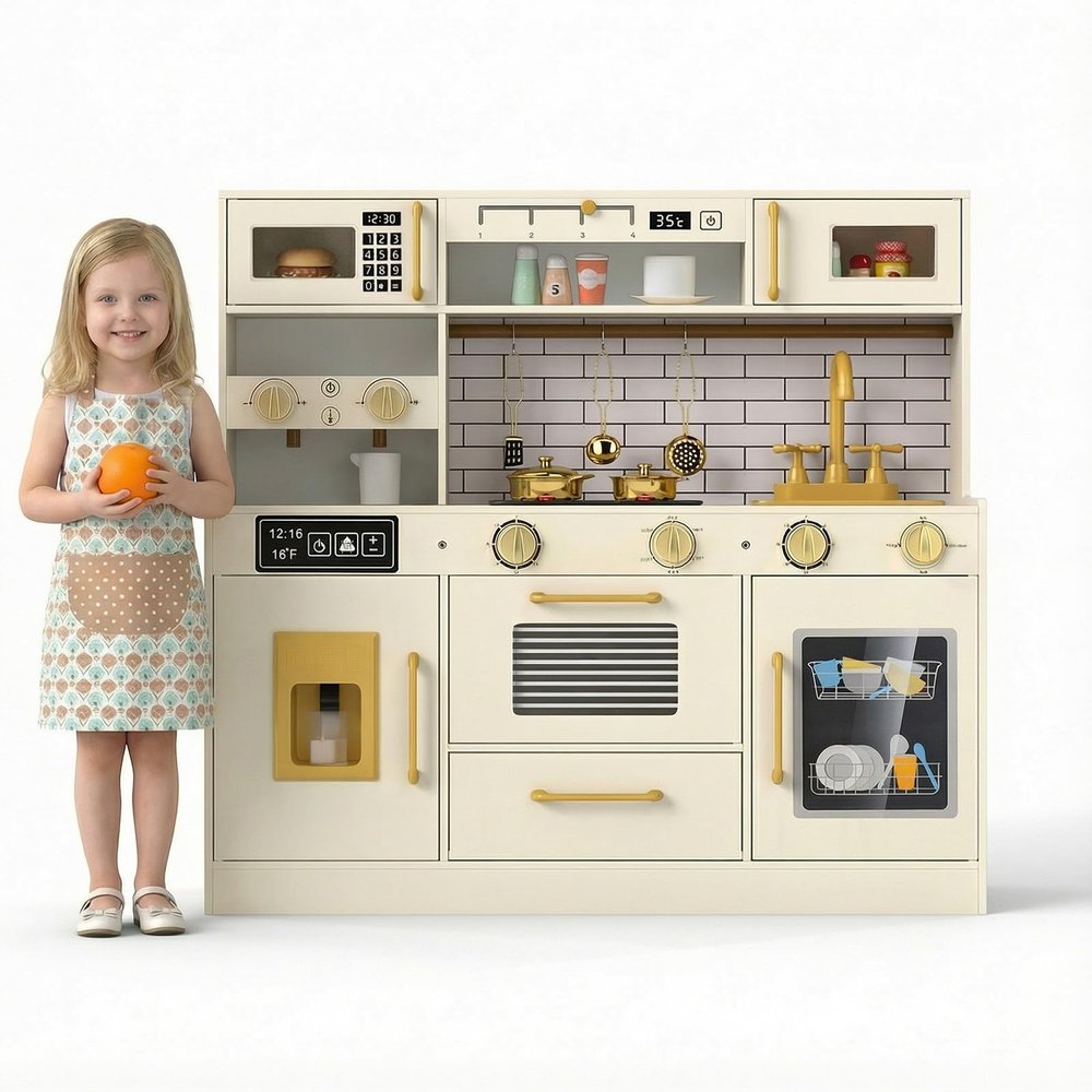 Costzon Kids Play Kitchen, Wooden Pretend Kitchen Playset with Stoves with Lights & Sound, Rotatable Faucet, Coffee Maker & Accessories, Toddler Kitchen Toy Set for Boys & Girls Aged 3+
