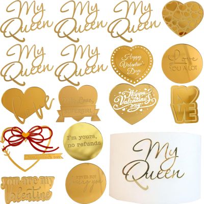 16 Pieces Valentine's Day Cake Toppers,Gold Acrylic Letters My Queen Love Heart Cupcake Toppers,Anniversary Wedding Valentine's Day Cake Decorations Party Supplies