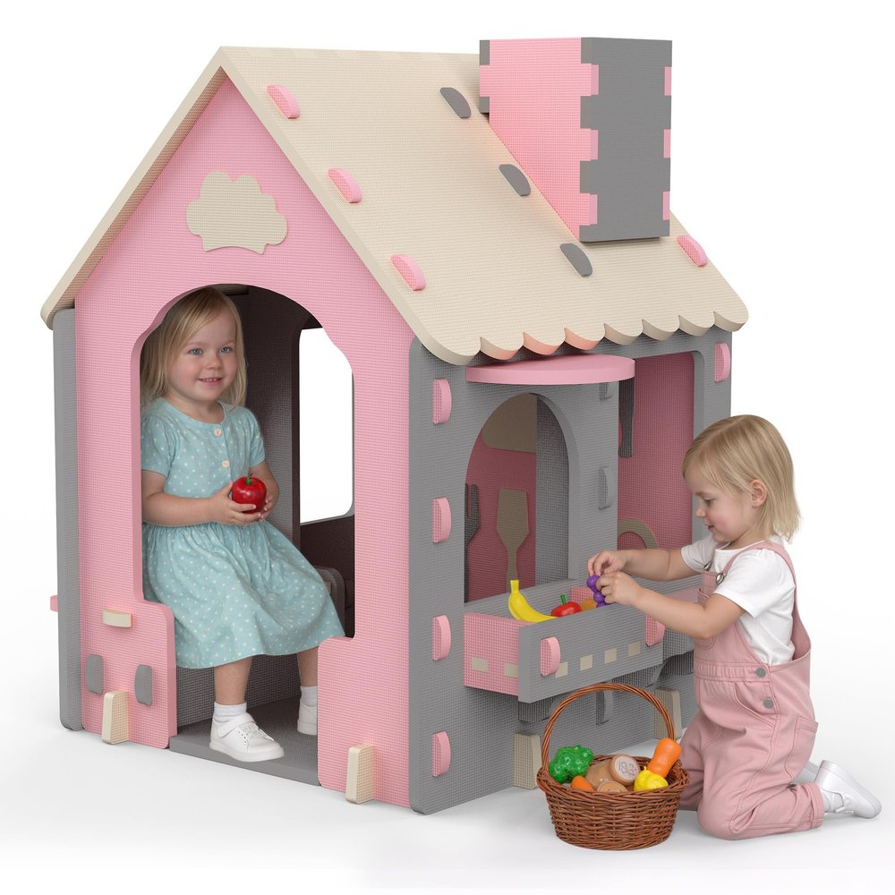 Kids Playhouse with Kitchen Pretend Play, Soft & Sturdy EVA Material, Easy to Assemble Indoor Playhouse for Pretend Play Fun (Pink)