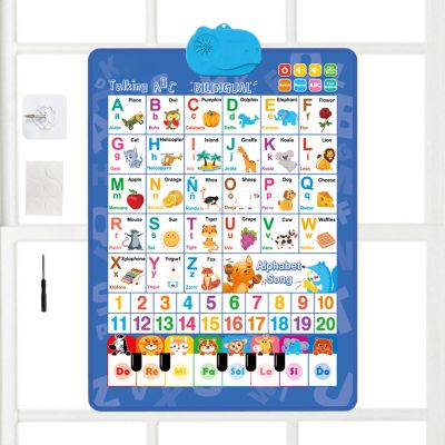 Alphabet Wall Chart for Kids, English and Spanish Learning Poster with Sounds, Bilingual Alphabet Numbers Poster, Interactive