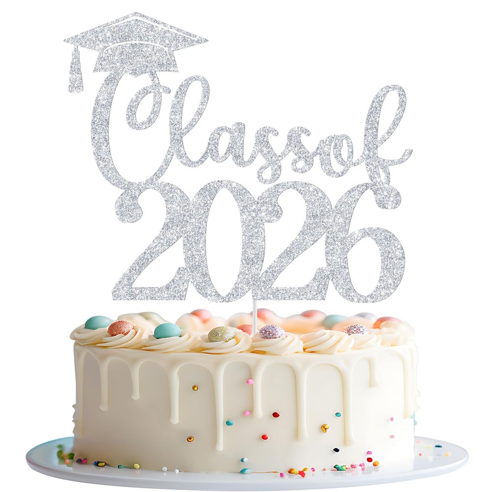 Class of 2026 Cake Topper, 2026 Graduation Party Decor, Congrats Grad 2026 Graduate Supply, High School College Graduation Party Decorations Silver Glitter