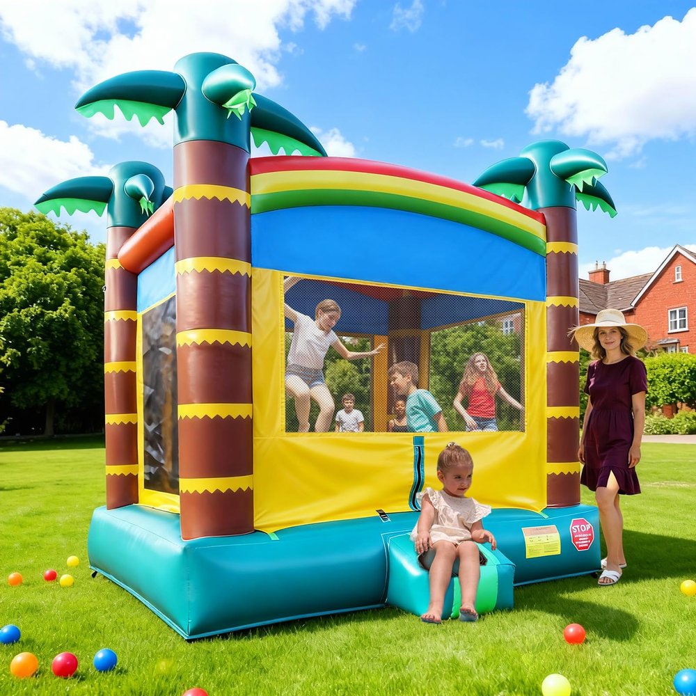 14FT Bounce House - 100% PVC Inflatable Castle for Kids, Easy Setup Outdoor Bouncy House for Parties, Holidays, and Yard Fun (Palm Tree, 13.5FT)