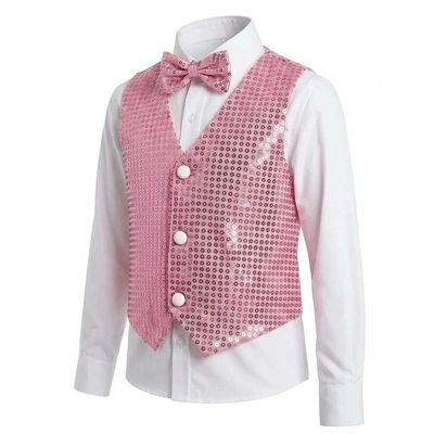 YEMYIQZ Kids Sequin Vest with Bowtie for Boy Girls Sparkly Shiny Vest Sleeveless V Neckline Disco Shirt Dance Party Costume (Pink, S)