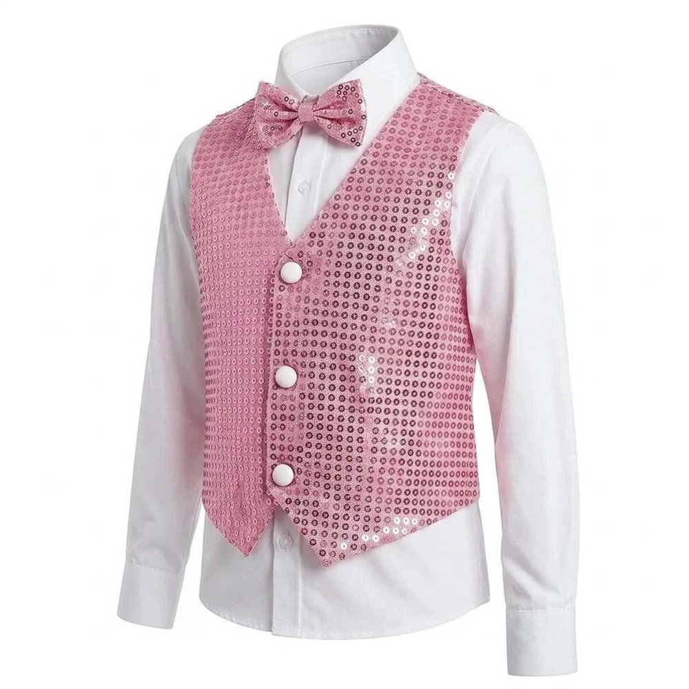 YEMYIQZ Kids Sequin Vest with Bowtie for Boy Girls Sparkly Shiny Vest Sleeveless V Neckline Disco Shirt Dance Party Costume (Pink, S)