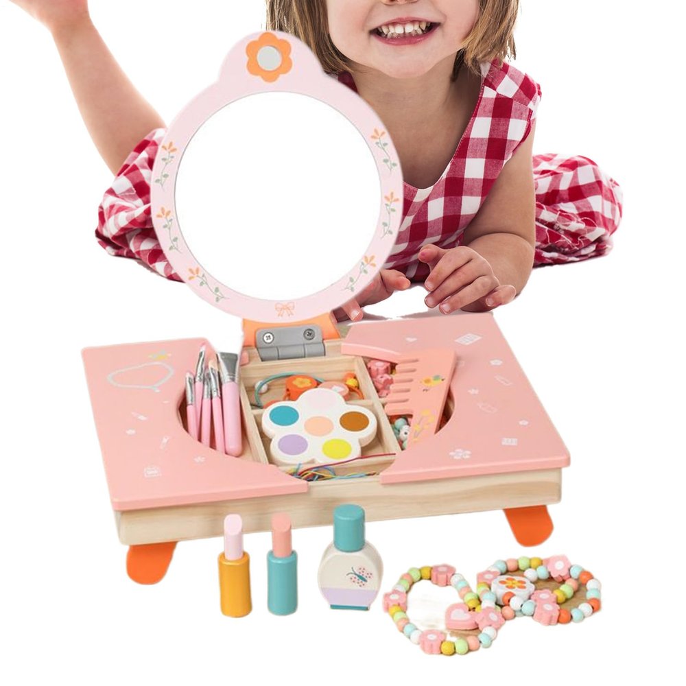 Dress Up Toy Vanities  Wooden Dressing Table Mirror, High-Performance, Folding Pretend Play Girls, Vanity Set Comb Cosmetics Christmas | Dress Up Christmas Home Children's Room Game