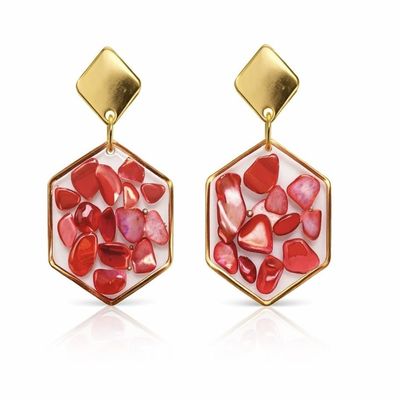 Handmade Resin Earrings with Natural Shells Hexagon Gold Dangle Earrings Ready to Ship Unique Christmas Gift for Her (Red)