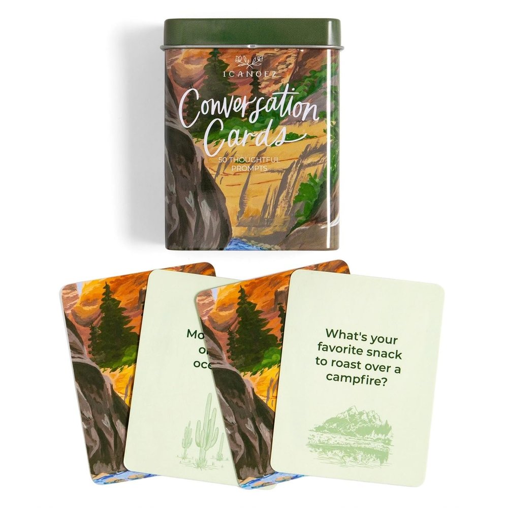 1Canoe2 Conversation Cards, 50 Thoughtful Prompts in Metal Tin, Road Trip and Campfire Game (Campfire)
