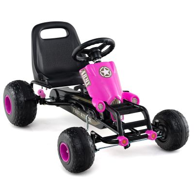 Costzon Kids Pedal Go Kart, 4-Wheel Ride On Toy with Gear Shifter, Handbrake, Adjustable Seat, Steering Wheel & Non-Slip Big Wheels, Off-Road Pedal Go Cart for Boys & Girls Aged 3+ (Pink)