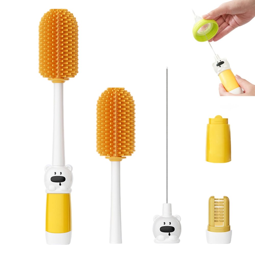 1Set Baby Bottle Cleaner Brush, 4-in-1 Practical Baby Bottle Brushes with Long Handle for Breast Pumps, Nipples, Straw, More Yellow..