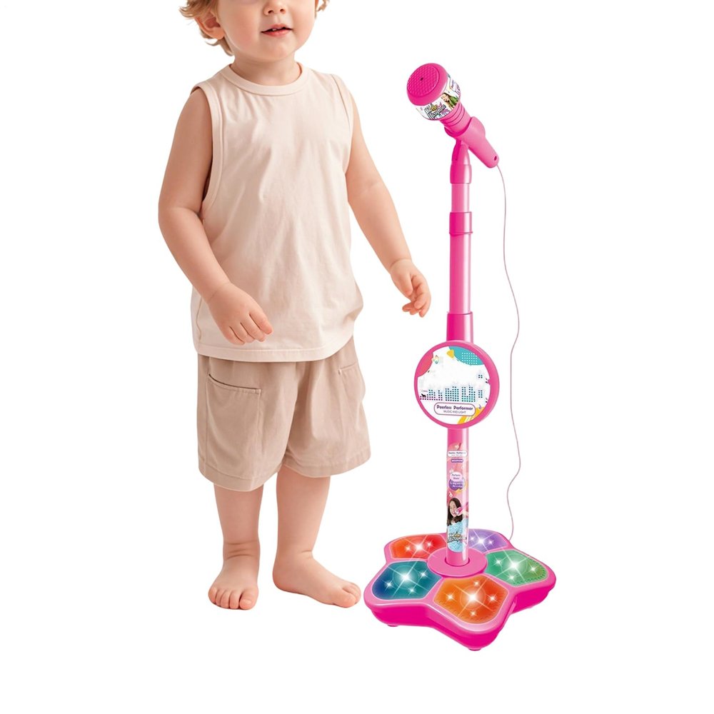 Kids Microphone with Stand- All in on-e Microphone Toy for Birthday Parties Singing, kar-aoke Machine Toy with Speaker & Flashing Stage Lights