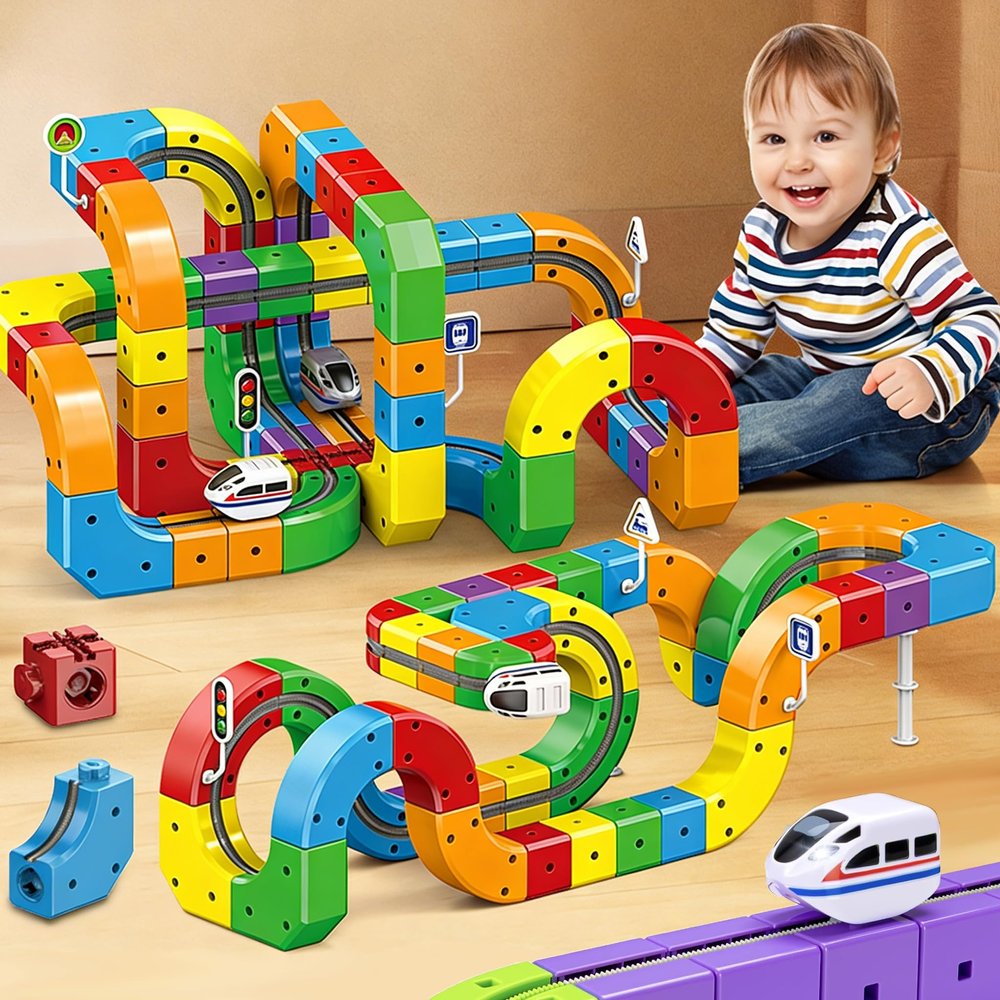 Electric Train Set Magnetic Train Set, 81 Pcs Car Cube Track Building Toy Train Track Gravity-Defying 3D Embedded Layouts & Motorized Car, STEM Learning Gift