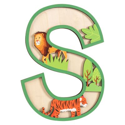 Wepagview 3D Layered Safari Nursery Wooden Letters for Wall Decor, 11.8" Green Large Baby Name Sign for Nursery, Animal Wood Alphabet Letter S Kids Room Initials for Front Door Shelf Home Decorations