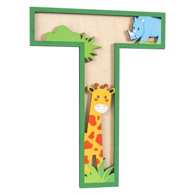 Wepagview 3D Layered Safari Nursery Wooden Letters for Wall Decor, 11.8" Green Large Baby Name Sign for Nursery, Animal Wood Alphabet Letter T Kids Room Initials for Front Door Shelf Home Decorations