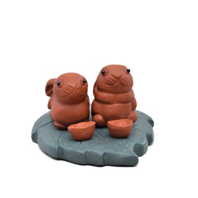 Tea Pets-Purple Sand Tea Pet Rabbit Zodiac Small Ornaments Handmade Leaves Ingots Sculptures Tea Sets Play Ceremony Accessories (Red)