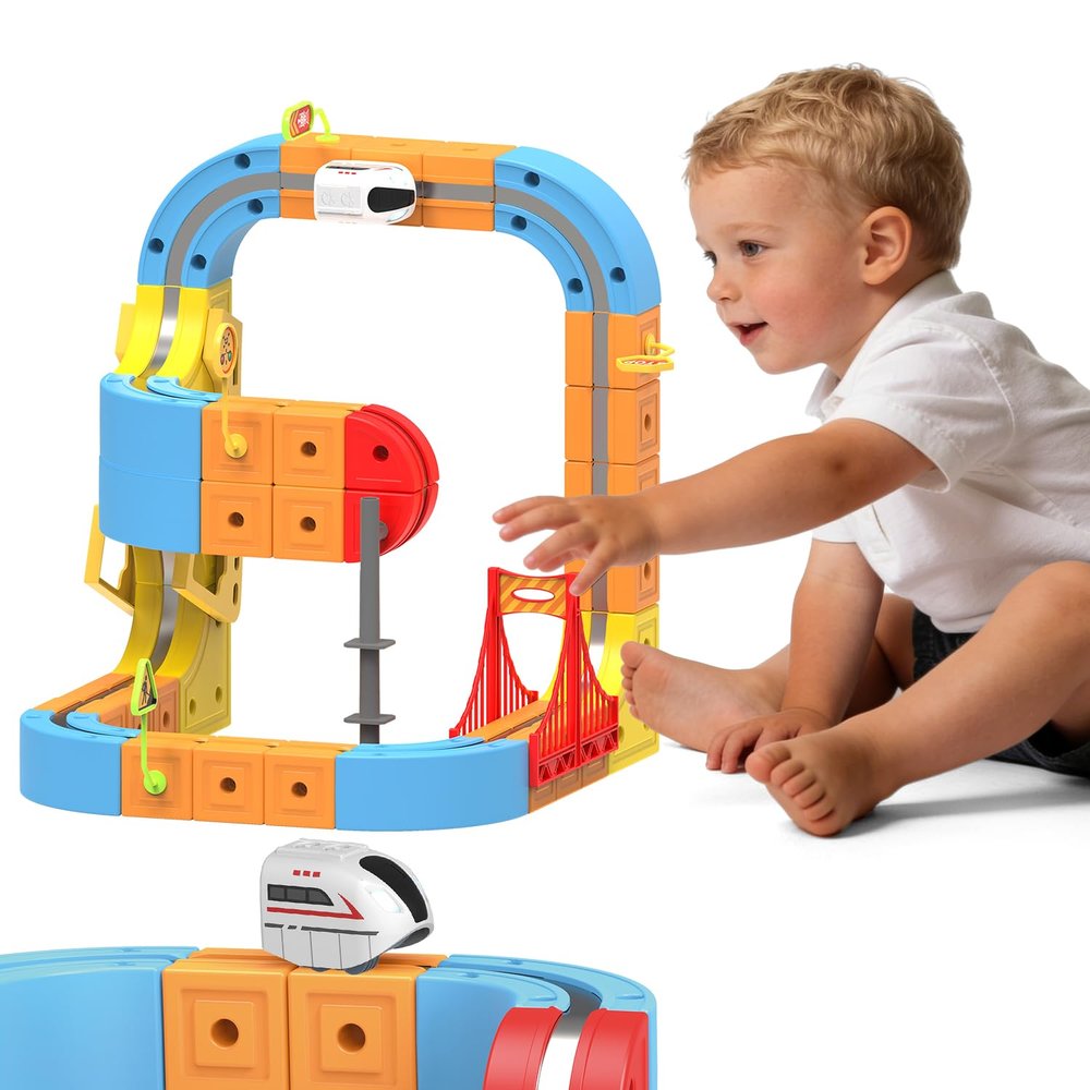 Electric Train Set for Kids,62PCS 3D Racing Track Set with Electric Train,Race Car Track Easy,Motorized Car, STEM Learning Gift