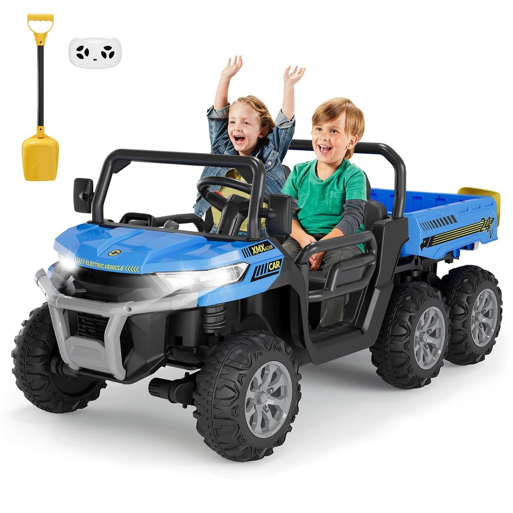 24V Ride on Dump Truck for Kids, 2 Seater Ride on Cars with Auto-Lifting Bed, Shovel,4x75w Motors, Music, LED Light, Parent Remote Control & 6 Wheels,Perfect Ride on Truck Gift for Boys Girls