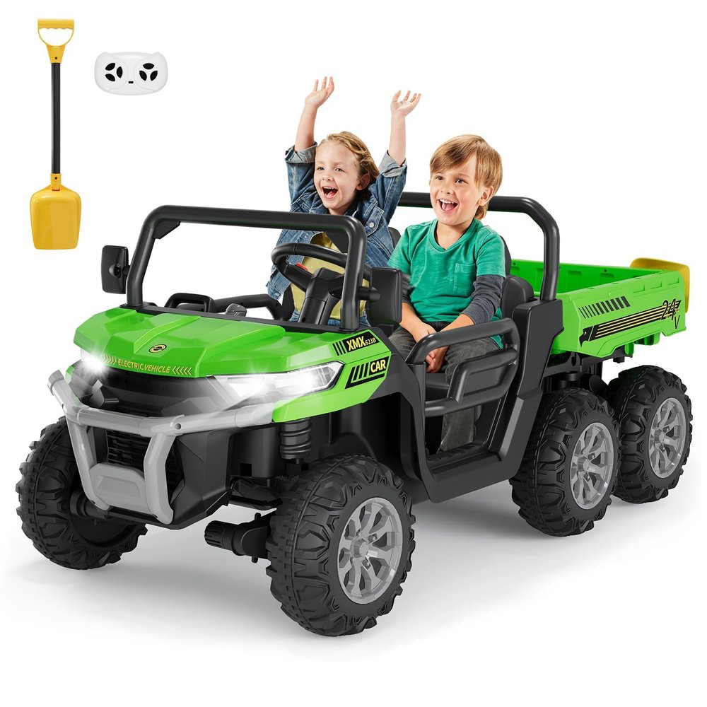 24V Ride on Dump Truck for Kids, 2 Seater Ride on Cars with Auto-Lifting Bed, Shovel,4x75w Motors, Music, LED Light, Parent Remote Control & 6 Wheels,Perfect Ride on Truck Gift for Boys Girls
