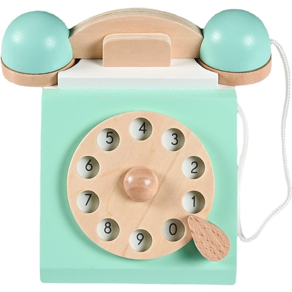 Bemonew Blue Retro Wooden Toy Telephone Realistic Pretend Play Interactive Learning Phone for Kids