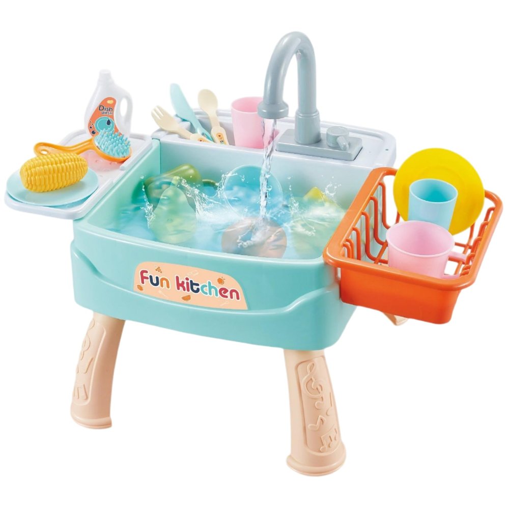 Bemonew Plastic Play Sink with Running Water Kids Kitchen Toy with Fruit & Vegetable Cutting Set