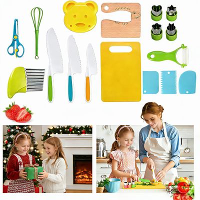 17Pcs Kids Safe Cooking Set Montessori Toddler Kitchen Tools Plastic Kids Knife Set for Real Cooking Food-Safe Children DIY Fruit Vegetable Cutter Peeler Kitchen Accessories