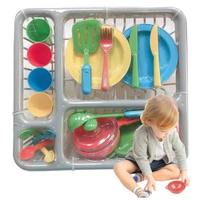 Bemonew Kids Pots and Pans Playset Pretend Play Kitchen Accessories with Dish Drainer