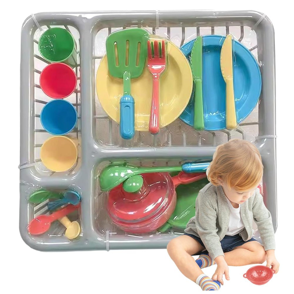 Bemonew Kids Pots and Pans Playset Pretend Play Kitchen Accessories with Dish Drainer