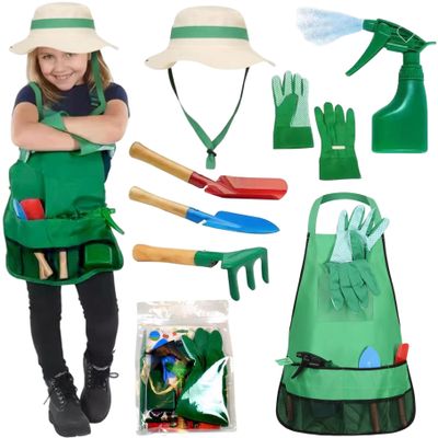 Bemonew 7PCS Kids Gardening Kit Sun Hat, Apron & Tools Set for Toddlers (Height 45.28-57.09 Inch)