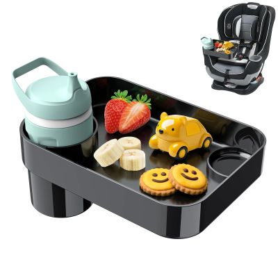 [2 Pack] Car Seat Snack Tray for Toddlers - 3 Inch Cup Holder Fits Most Sippy Cups & Straw Bottles with Dip Well, Mess-Free Square Kids Travel Tray Road Trip Essentials, Black, 2