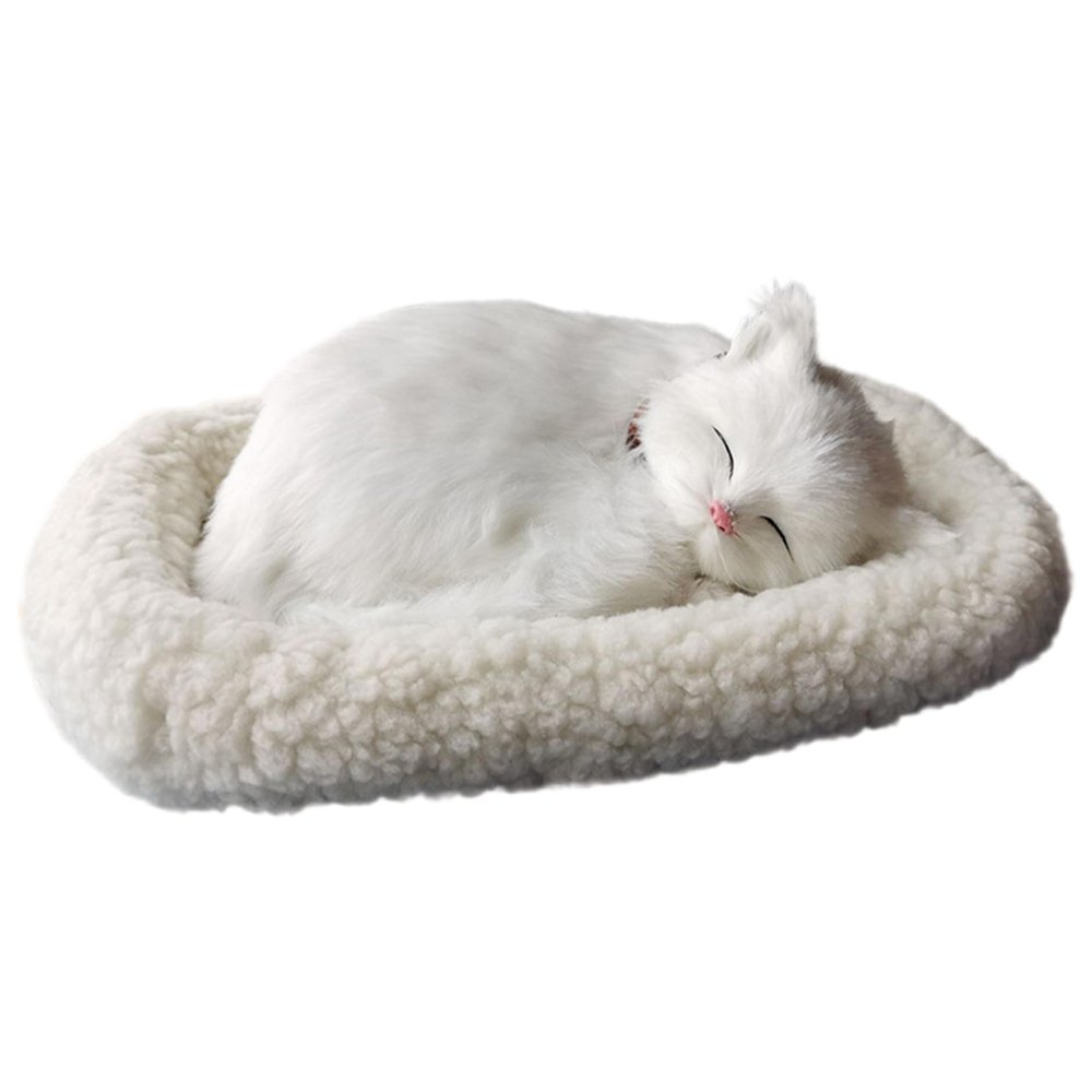 Bemonew White Interactive Sleeping Cat Plush Breathing Stuffed Animal with Mat for Kids
