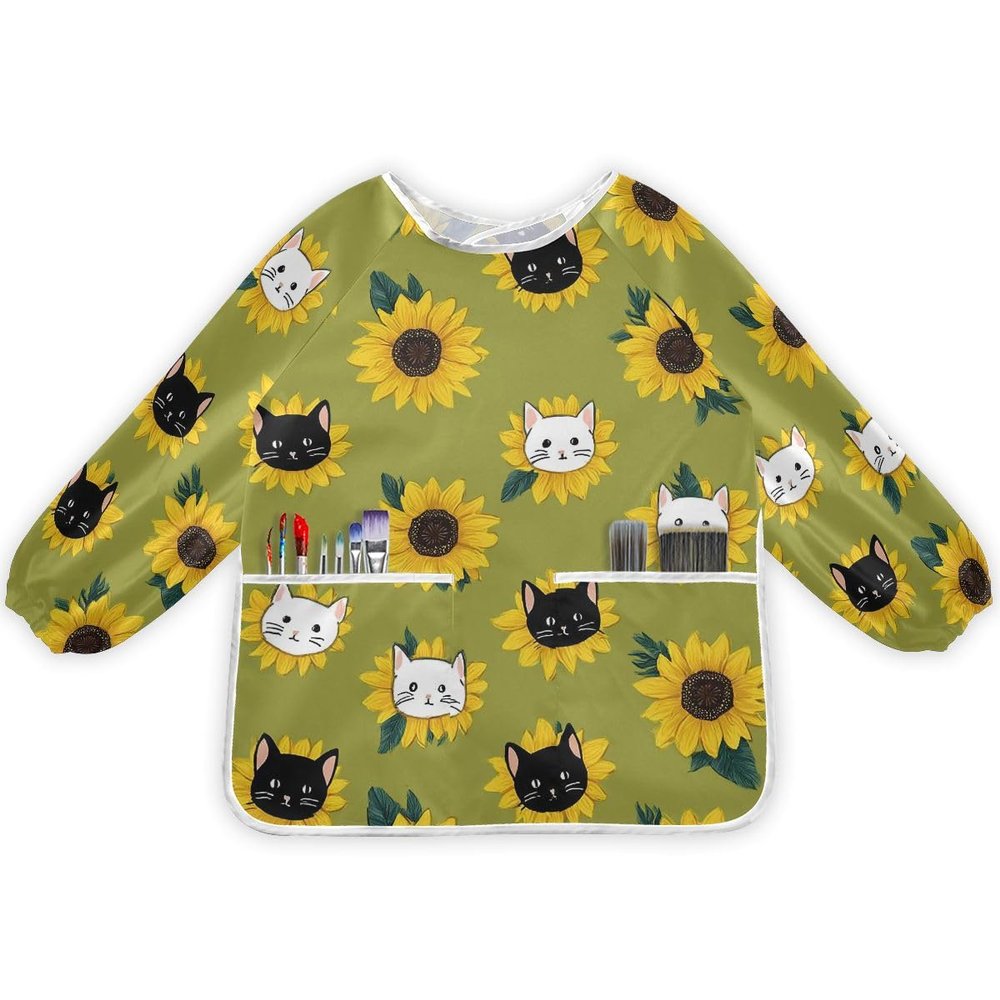 Bolaz Sunflower Cat Painting Smocks for Kids 2-4 Art Smocks Eating with Pockets Toddler Infant Children Apron