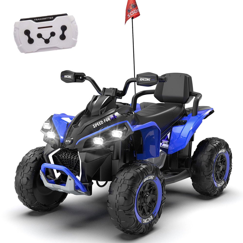 24V Kids Ride-On Car with Parental Remote Control, 4-Wheel Shock Absorber, All-Terrain Electric Vehicle for Big Kids Ages 3-12, with Music, Lights & MP3 Player (Blue + Polypropylene)