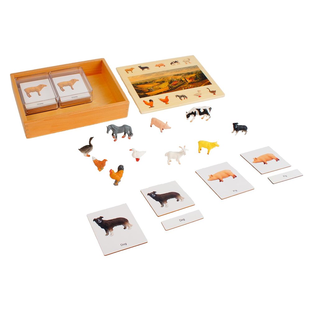 ancona Ecosystem- Farm Animals, English/Simplified Chinese with Pinyin Bilingual, Montessori Preschool Memory Matching Game Box Set with Animal Figurines & 3-Part Cards, Early Education Toy