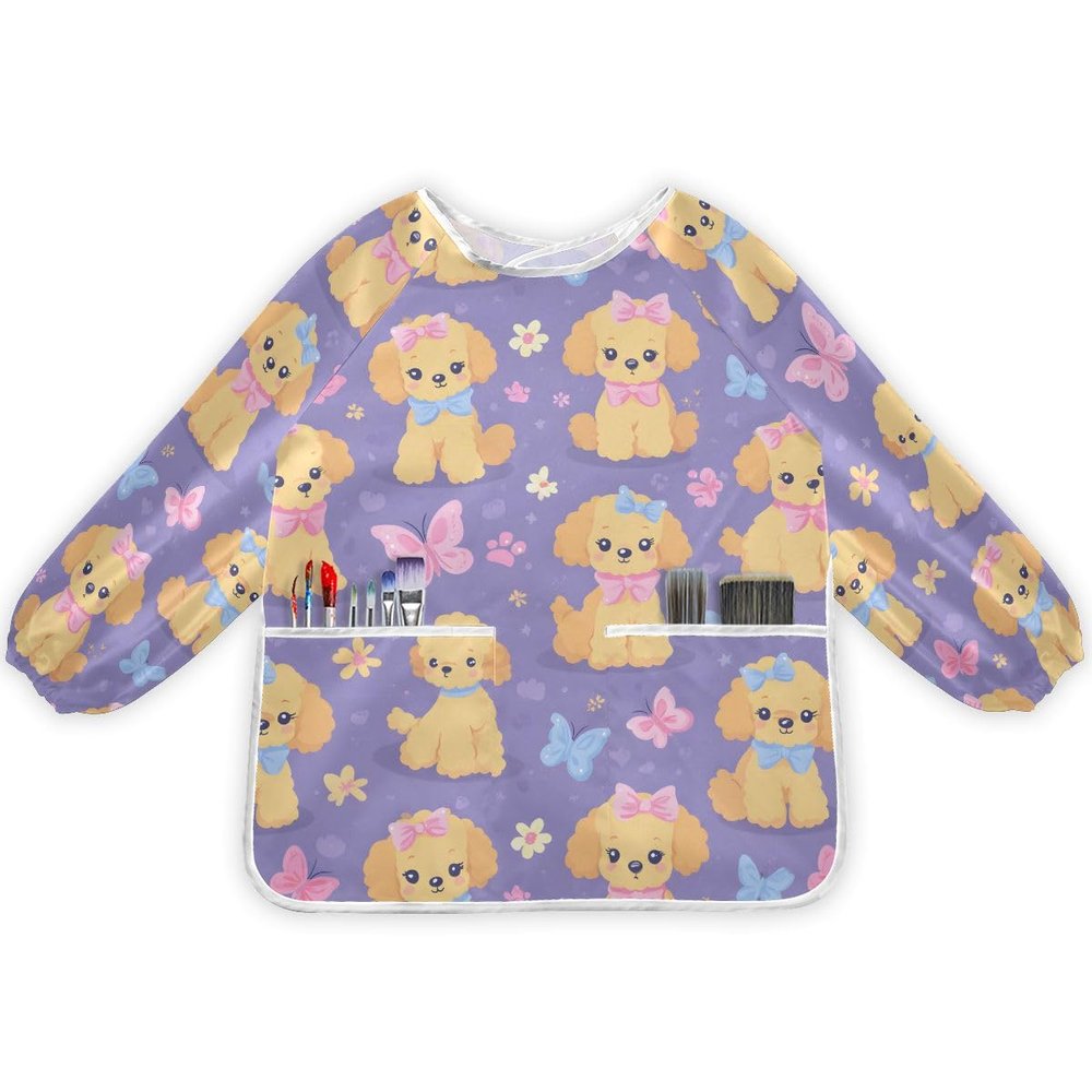 Bolaz Dog Lovely Bichon Frise Painting Smocks for Kids 2-4 Art Smocks Eating with Pockets Toddler Infant Children Apron