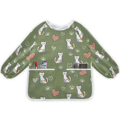 Bolaz Love Cat Green Painting Smocks for Toddlers 4-6 Artist Smocks with Pockets Eating Waterproof Infant Apron