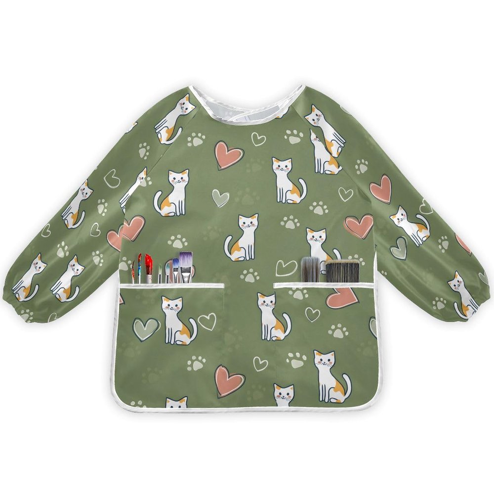 Bolaz Love Cat Green Painting Smocks for Toddlers 4-6 Artist Smocks with Pockets Eating Waterproof Infant Apron