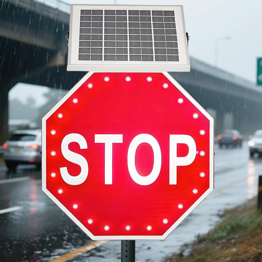 Aluminum Traffic Roads Warning Sign, LED Solar Stop Sign, Aluminum Road Signs, Easy To Install, U-Shaped Clamp, Engineer Grade Reflective, For Rainy Snowy